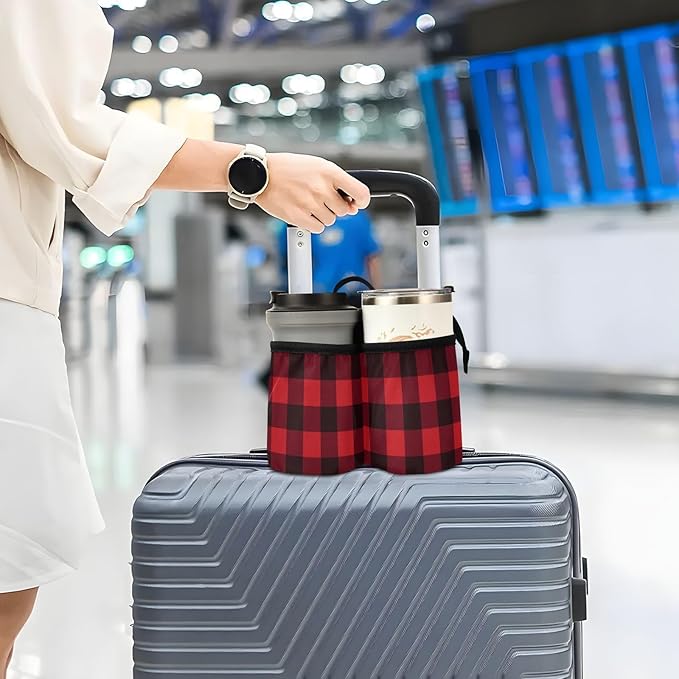 Luggage Cup Holder for Suitcases Free Hands Travel Cup Holder Portable Suitcase Cup Drink Holder Luggage Cup Caddy Bag Carrier Red and Black Buffalo Plaid