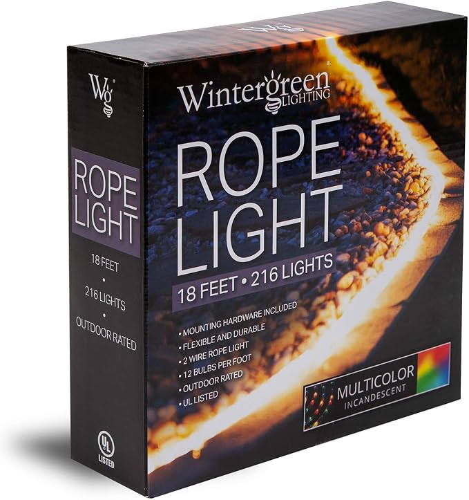 Wintergreen Lighting 18ft 216-Bulb Heavy Duty Incandescent Rope Light Kit, Connectable 120V ETL Indoor Rope Lights Plugin Outdoor Tube Multicolor Incandescent Includes Power Cord and Mounting Clips