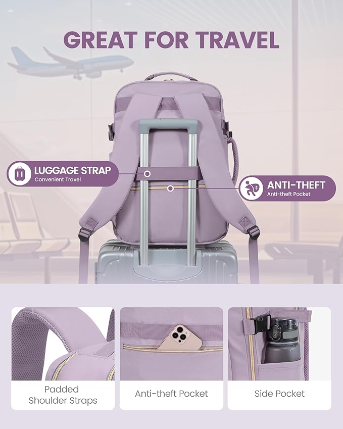LOVEVOOK Travel Backpack for Women & Men 40L,Airline Approved Carry On Backpack Travel Essentials,TSA Carry on Luggage,Waterproof Personal Item Travel Bag,Suitcase with 3 Packing Cubes,Light purple