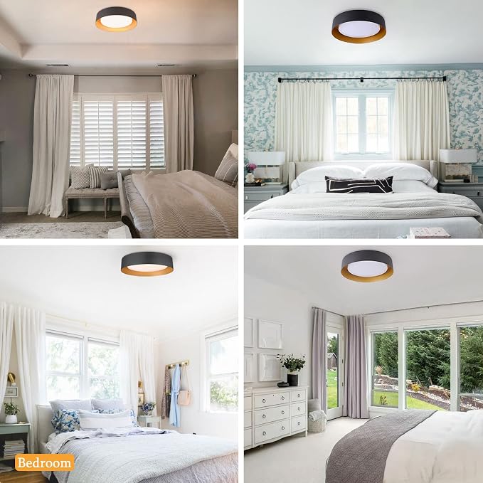 Bargeni 16.5-Inch Flush Mount Ceiling Light,Matte Black with Gold Interior | 30W LED dimmable ceiling light with warm 3000K lighting for bedroom, hallway and foyer spaces