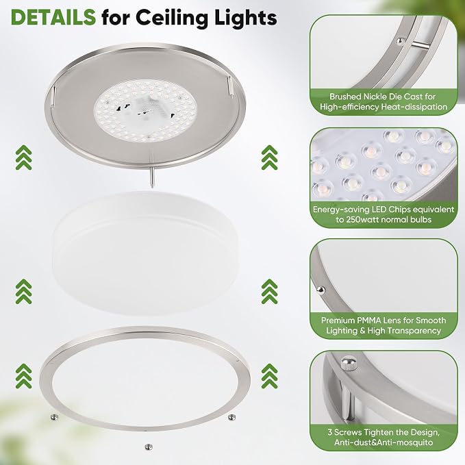 2-Pack 12 Inch Flush Mount LED Ceiling Lights, 36W 3600lm Super Bright Kitchen Light Fixtures, 5CCT Adjustable LED Lights for Bedroom Bathroom Closet, Modern Ceiling Lamps, Brushed Nickle