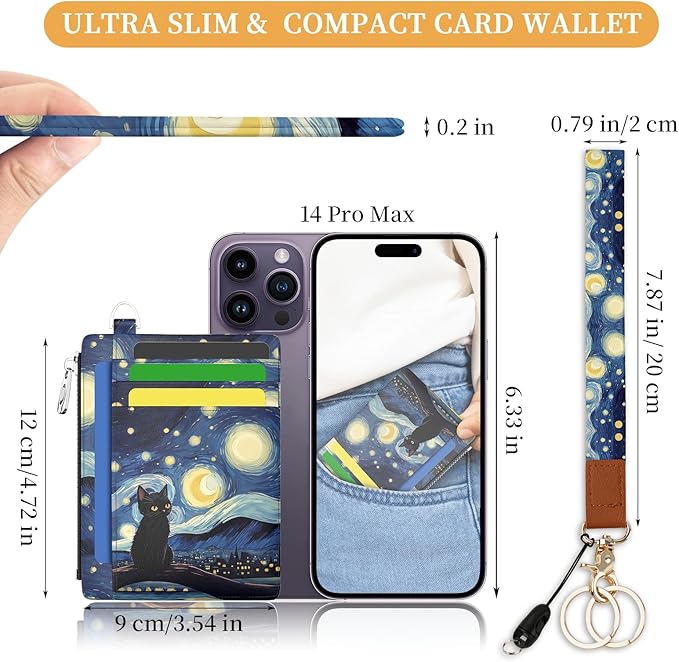 Hancynir Black Cat Slim Wallet Women Credit Card Holder, RFID Blocking Front Pocket Wallet Wristlet Keychain Lanyard, Small Cute Mini Card Case, Thin Travel Zipper Coin PU Leather Ladies Female Gifts
