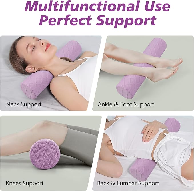 Cozyhealth Cervical Roll Pillow, Medium Soft Memory Foam Neck Round Pillow Cylinder Bolster Pillow for Sleeping, Round Neck Support for Bed, Legs, Back and Yoga (Purple, Medium - 3.9" H)