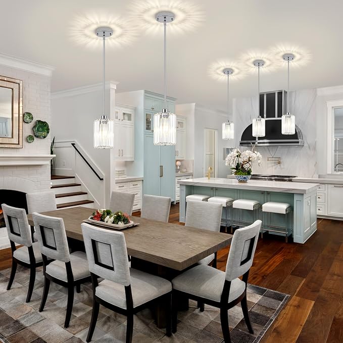 Chrome Pendant Lights Over Island Modern Crystal Kitchen Lighting Fixtures | 1 Pack Adjustable Entryway Ceiling Lights, Hanging Pendant Light for Dining Room Bathroom Hallway Above Sink