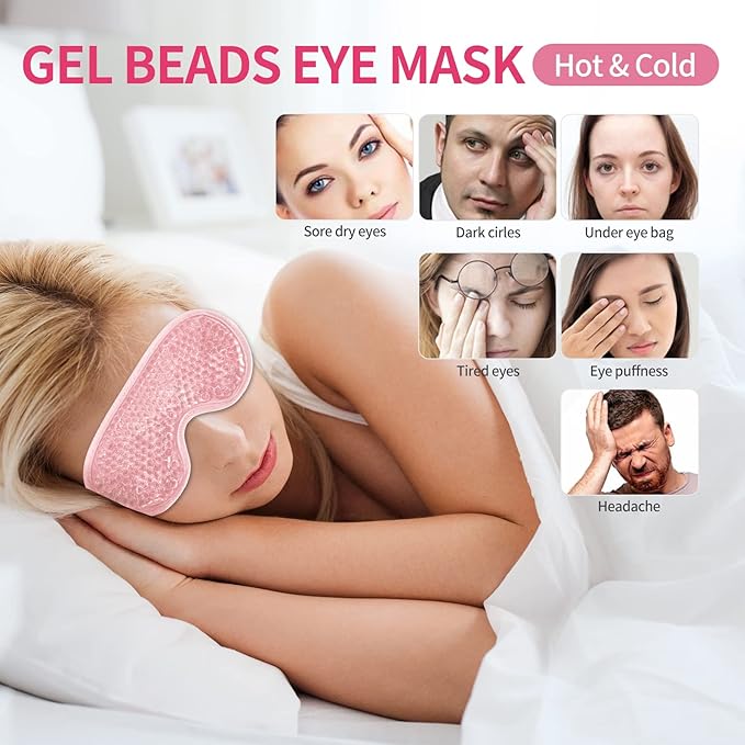 2PCS Gel Eye Mask Reusable Cold Therapy Gel Bead Eye Mask for Puffiness/Dark Circles/Eye Bags/Dry Eyes/Headaches/Migraines/Stress Relief, Cold Compress Mask (Pink)