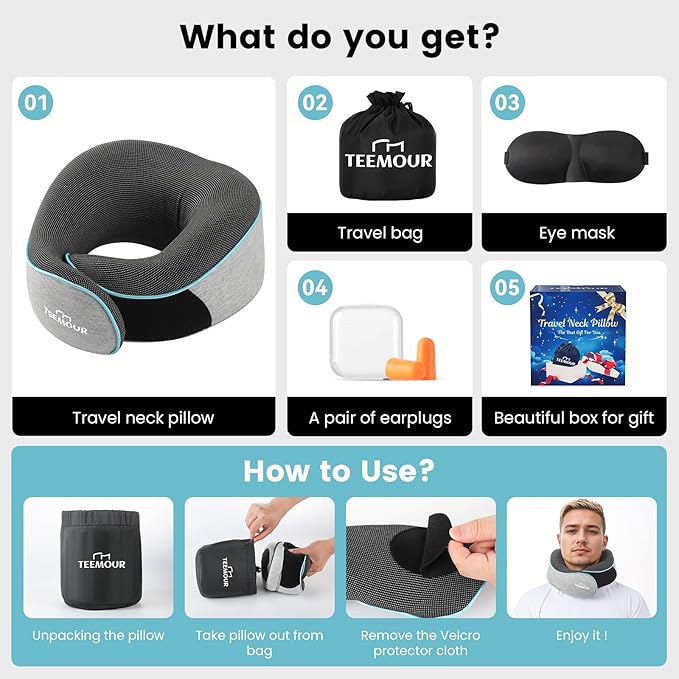 Travel Pillow-Neck Pillows for Airplanes, Memory Foam Travel Neck Pillow for Long Flights|Airport Travel Essentials 360ยฐ Support Gifts for Travellers With Eye Mask & Earplugs, Portable Carry Bag