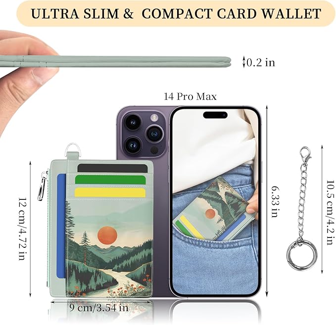 Hancynir Sunrise Mountain Small Wallet Women Credit Card Holder, Slim RFID Blocking Keychain Card Wallets, Mini Front Pocket PU Leather Thin Travel Zipper Coin Cash Ladies Wallet Organizer Gifts