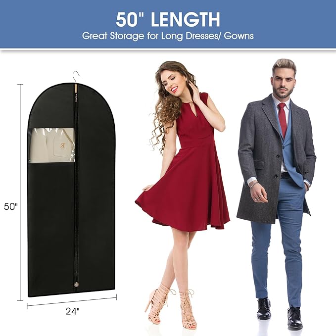 Garment Bags for Hanging Clothes, 50'' Long Dress Bags for Closet Storage, Black Garment Covers with Clear Window for Suits, Coats, Jackets(2 Packs)