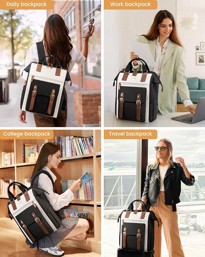 LOVEVOOK 17 Inch Laptop Backpack for Women Work Travel Backpacks Purse, Nurse Bag Teacher Business Laptop Computer Bag, Fashion College Backpack Casual Daypack, Black-Beige-Brown