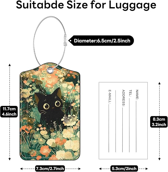 2 Pack PU Leather Luggage Tags for Suitcases, Privacy Protection Cover with Stainless Steel Loop and Address Card, Travel Cruise Essentials (Flower Cat)