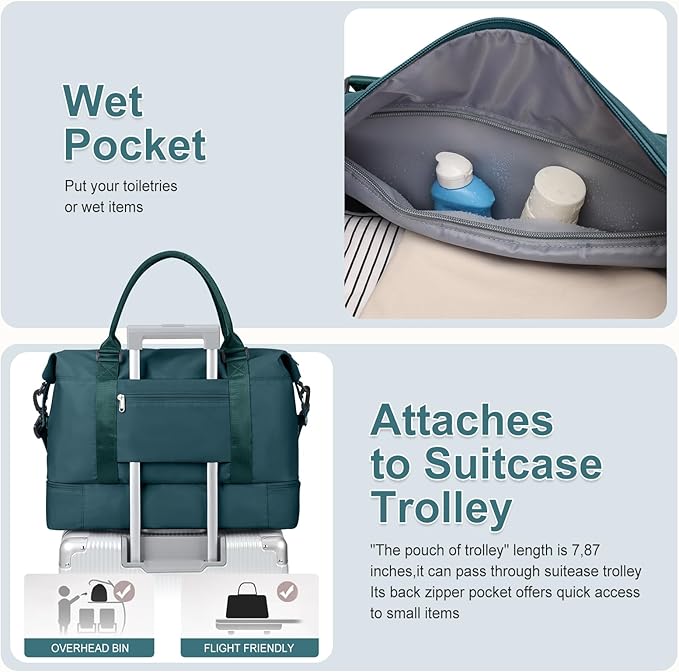 Large Weekender Bags for Women, Travel Duffel Bags with Shoe Compartment,Personal Item Travel Carry on Overnight bag for women Travel 3PCS,Peacock Blue