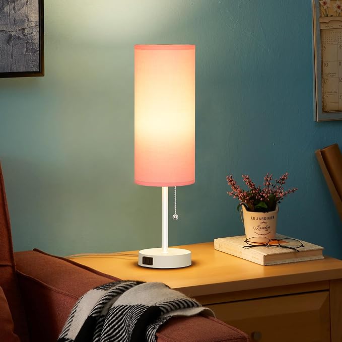 Dott Arts 18" Table Lamp for Bedroom, 3-Color Bedside Lamps with Pull Chain | Bedroom Table Lamps for Nightstand,AC Outlet Small Lamp for Living Room, Bulb Included Pink
