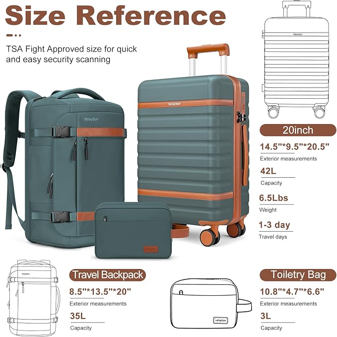 Luggage Sets 3 Piece with Spinner Wheels, Lightweight PC Hardside Suitcase with TSA Lock & YKK Zippers, 20 Inch Carry On Luggage with Travel Bag for Men and Women, Army Green