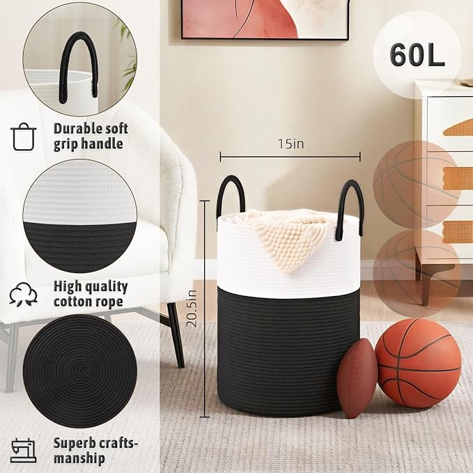 Laundry Basket,Woven Cotton Rope Laundry Hamper,60L for Decorative Storage of Dirty Clothes,Toys and Blankets in Bathroom,Baby Room and Living Room