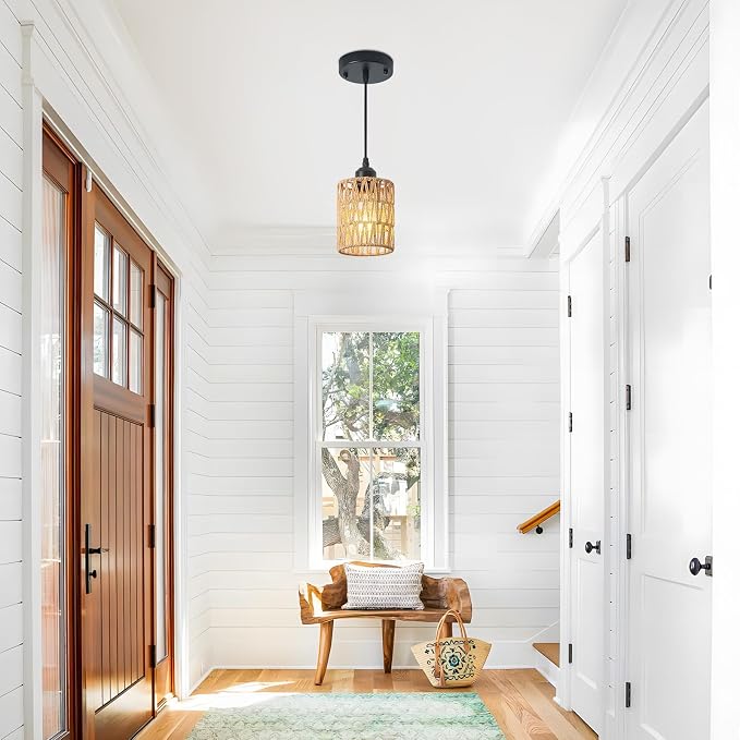 Boho Rattan Pendant Light for Kitchen Island Round Hanging Lamp | Handwoven Rattan Shade Adjustable Height 10-57 Inch E26 Base Farmhouse Chandeliers for Kitchen Islands And Dining Rooms