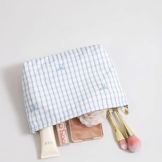 HAPPYHEIDI Makeup Bag Set for Organizing and Traveling, White Checkered Nylon Pouch, Plaid, Zipper Closure, Large 10.2x7.8 Inches