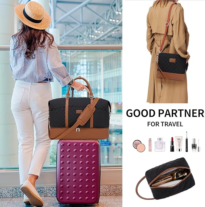 Weekender Bag, Large Travel Duffel Bag for Women, Carry on Overnight Bag with Shoe Compartment and Toiletry Bags