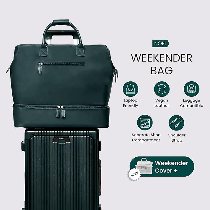 NOBL Travel Weekender Bag for Women & Men, Large Duffel Carry-On Tote with Trolley Sleeve, Separate Shoe Compartment & Laptop Pocket, Leather Overnight Bag for Airplane, Gym, Road Trips - Forest Green