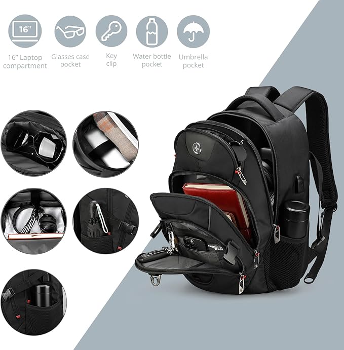 Swissdigital Design Travel Backpack for Men with Apple Find My, Laptop Backpack with USB Charging Port, RFID Protection, Add-A-Bag System - Travel Backpack for Men-Finder Color Random | SD803BT013-01