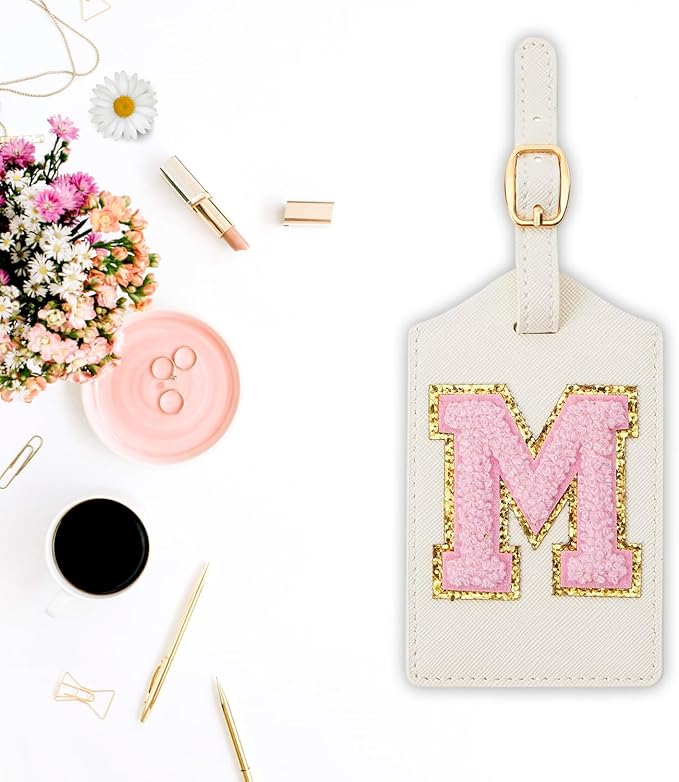 Initial Luggage Tag, PU Leather Luggage Tag, Embroidered Luggage Tag, Letter Luggage Tag, Monogrammed Luggage Tag, Luggage Tag for Baggage Bag Suitcase (M, White Leather+Pink Letter)