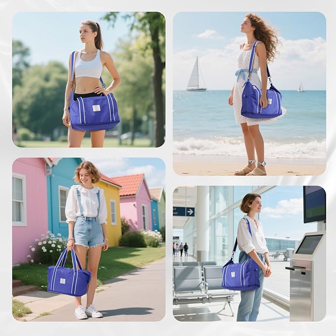WALNEW Travel Duffel Bag, Weekender Overnight Carry On Bag for Women Men, Foldable Waterproof Gym Luggage Duffle Bag with Metal Buckle Detachable Shoulder Strap and Wet Compartment (Klein Blue)