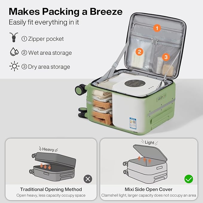 mixi 17x14x9 Carry On Luggage Underseat PC Hard Shell Suitcase Top Opening Aluminum Frame Travel Suitcases with Wheels, Avocado Green