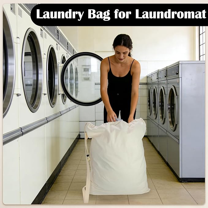 Canvas Laundry Bag with shoulder Strap 24"W x 29"H, Large Drawstring Dirty Clothes Bag Washable Laundry Sack for College Dorm, Travel, Home, Camp (Beige)