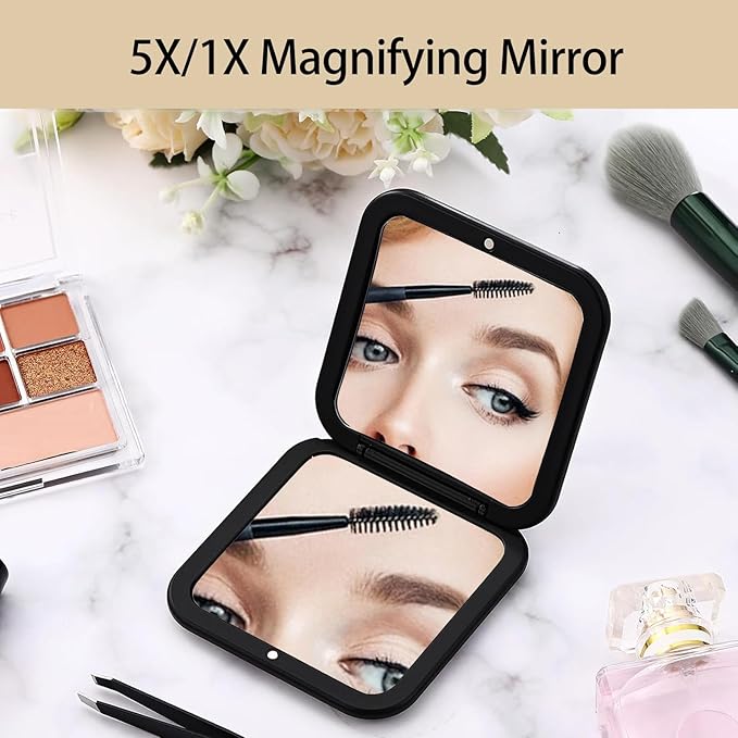 CYHTSHFZ Small Compact Mirror for Purse,5X/1X Travel Magnifying Mirror for Women, Makeup Mirror for Girls, Portable Ultra Slim Pocket Mirror(Black)