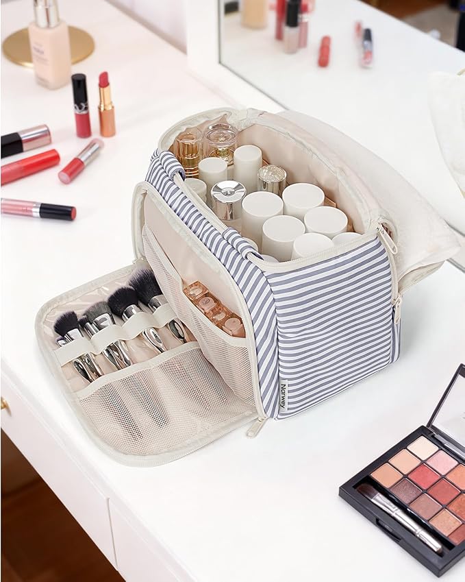 Narwey Striped Travel Toiletry Bag for Women Large Makeup Bag, Wide-open Cosmetic Make Up Organizer with Handle, Travel Bag for Toiletries, Essentials, Accessories (Greyish Blue Stripe)