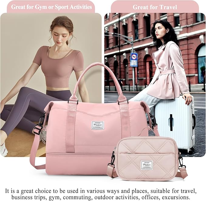 Weekender Bags for Women,Personal Item Travel Bag with Shoes Compartment,Overnight Travel Duffel Bag with Quilted Toiletry Bag,Pink