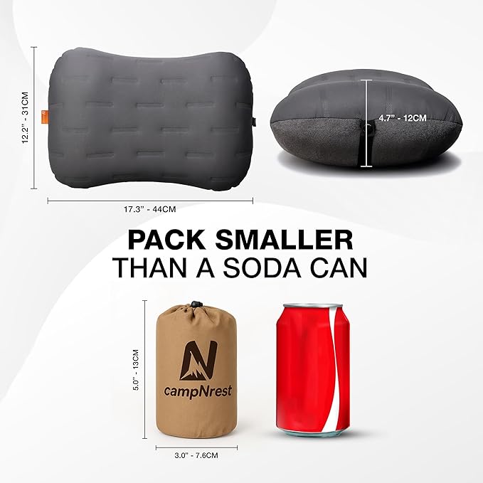 Inflatable Camping Pillow - Ultralight Compact Air Pillow for Travel, Backpacking & Hiking - Ergonomic Neck & Lumbar Support - Portable Inflatable Pillow with Removable Washable Cover - (Grey)