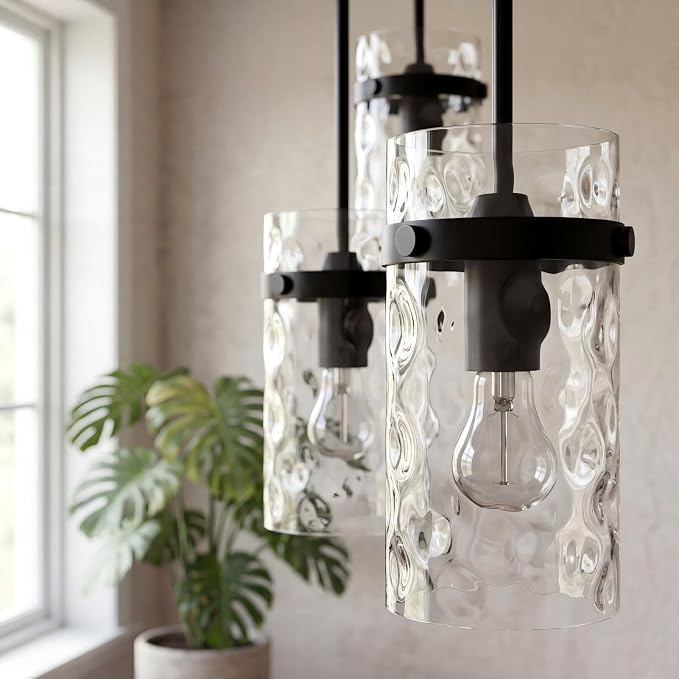 Modern Clear Wavy Glass Pendant Light 1 Pack - Thick Glass Adjustable E26 Hanging Lamp with Elegant Warm Glow for Kitchen Island, Dining Room & Hallway