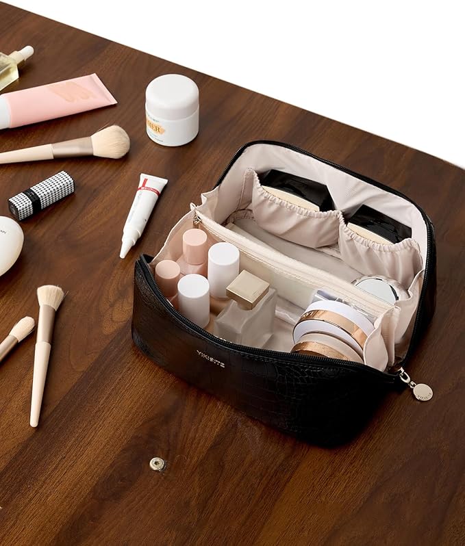 Make Up Bag, Cosmetic Organizer for Women, Waterproof Croc PU Leather Makeup Organizer with Divider and Handle Toiletry Bag Travel Bag (Croc Embossed, Black)