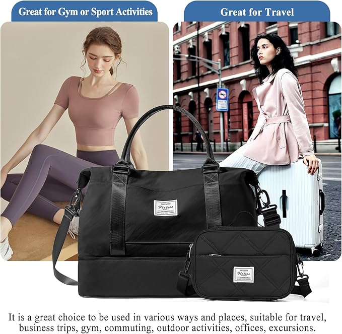 Weekender Bags for Women,Personal Item Travel Bag with Shoes Compartment,Overnight Travel Duffel Bag with Quilted Toiletry Bag,Black