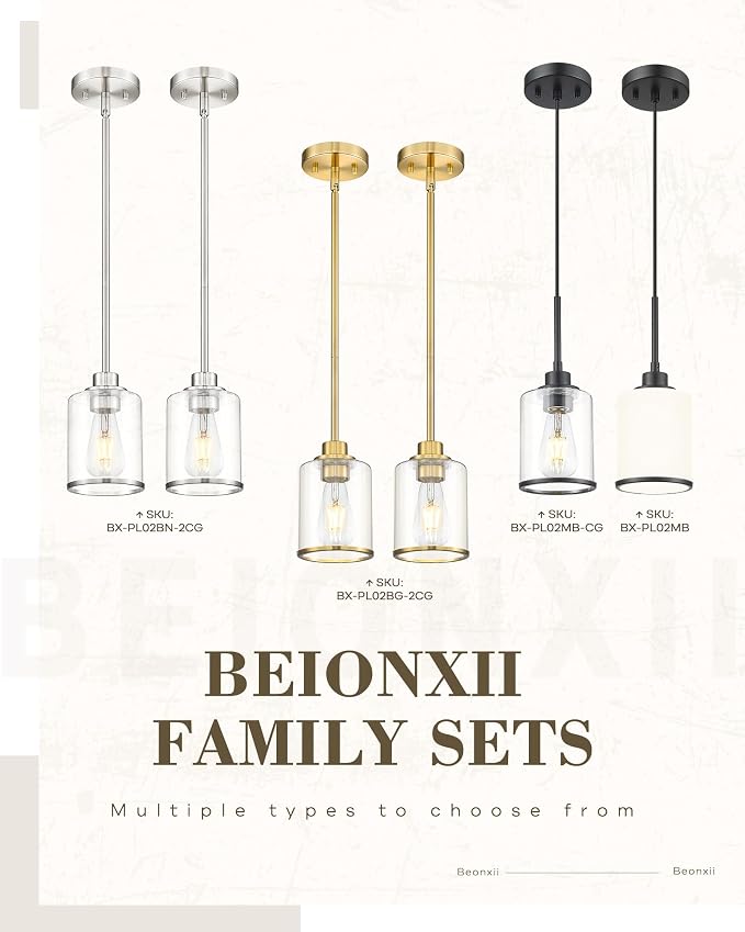 Beionxii BrushedNickel Pendant Lights Kitchen Island,Hanging Lights Fixture | 1 Pack, Clear Glass, Kitchen Pendant Lighting Over Island, Hanging Lights for Sink Dining Room Entryway BX-PL02BN-2CG