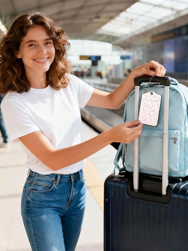 Seorsok 2Pcs Luggage Travel Tags for Suitcases,Elegant Sage Pink Floral PU Leather Name Tag with Privacy Cover&ID Label Address Card and Durable Metal Ring Suitable for Men Women Handbags Backpack