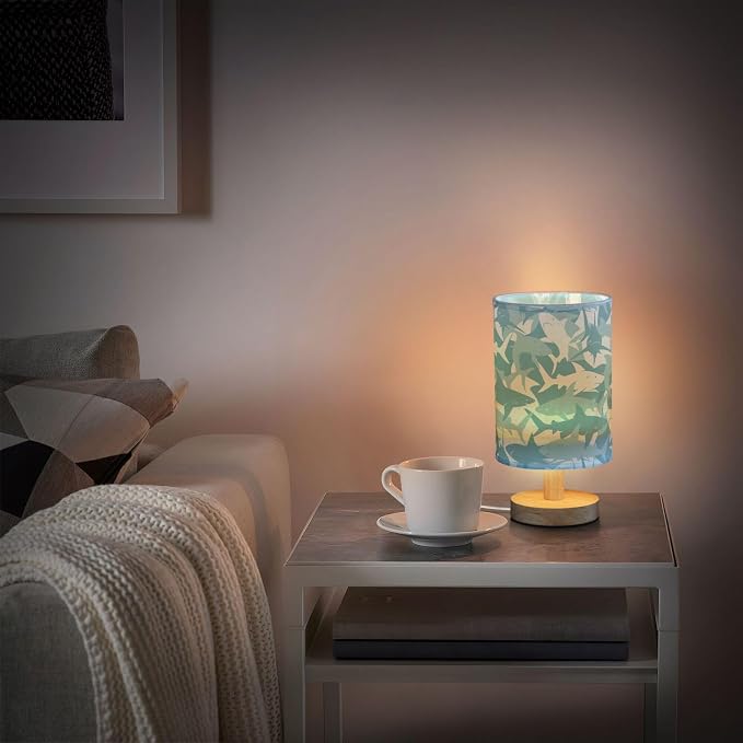 Table Lamp Blue Shark Pattern Marine Animal Nightstand Lamp with Wood Base Fabric Lamp Shade Bedside Desk Lamp for Living Room Bedroom Kids Room Office