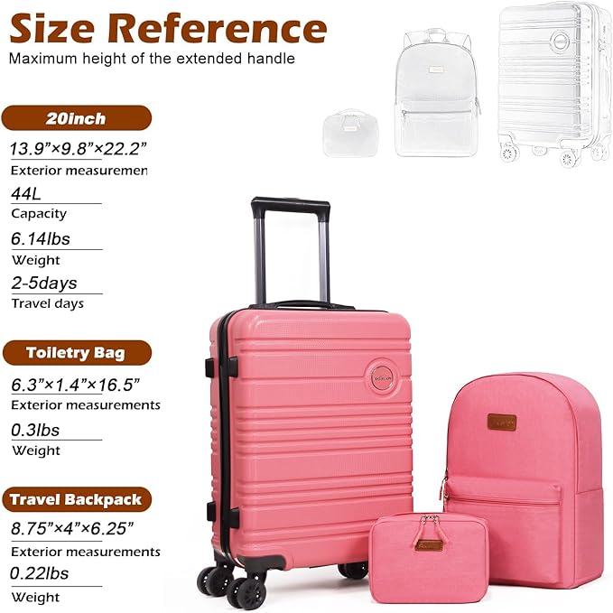 ABS+PC Carry on Luggage set with backpack 3 Pcs suitcace with Spinner wheels TSA Lock 20-In hardshell Lightweight Luggage set (Pink)