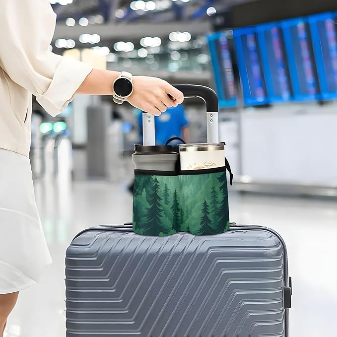 Mountain Forest Trees Green 02 Luggage Cup Holder Travel Portable Free Hand Drink Carrier Suitcase Drinks Beverage Holder Carry-On Bottle Mug Holder Organizer Bag Travelers Accessories