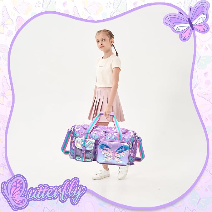 Butterfly Kids Duffle Bag Girls Travel Bag Overnight Dance Sleepover Bags for Girls Gymnastics Sports Bags for Kids with Shoe Compartment