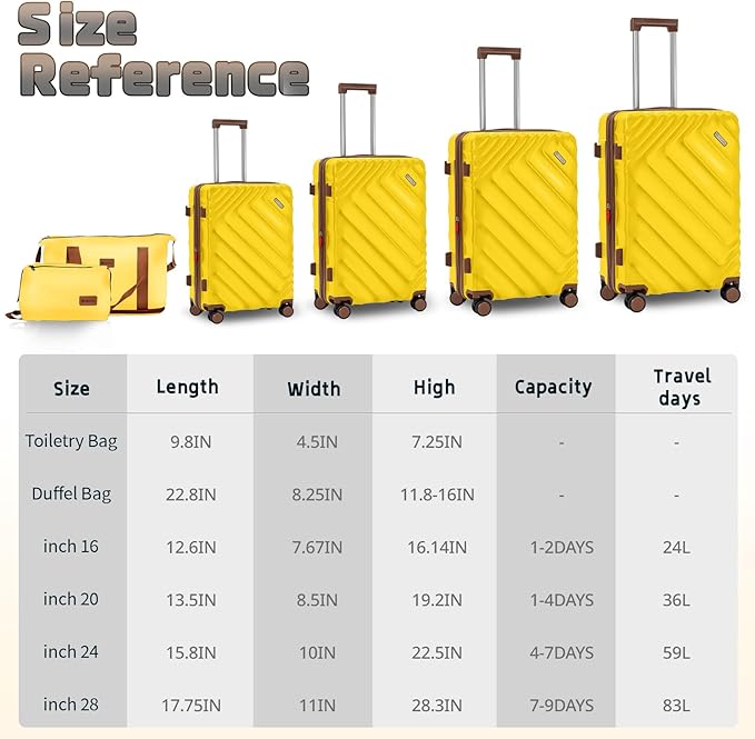 6 piece Luggage Set Expandable Suitcase 22x14x9 Airline Approved Carry on, ABS Hard Case Suitcases with Spinner Wheels, TSA Lock, (Yellow)