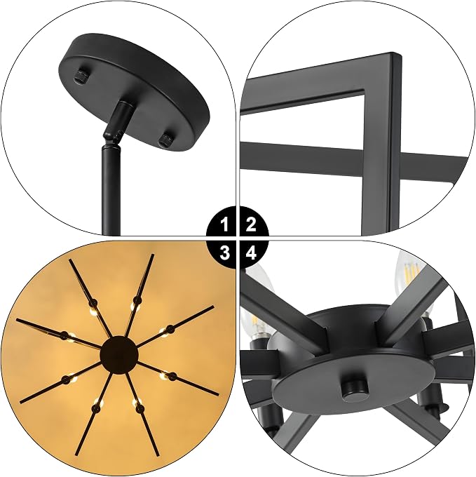 Klgxnrd 8-Light Modern Farmhouse Black Geometric Chandelier, Adjustable Height Dining Room Light Fixtures Over Table, Large Industrial Metal Chandeliers for Dining Room Kitchen Island Entryway