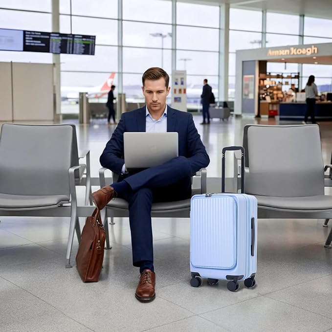 20 Inch Top Opening Carry On Luggage 22x14x9 Airline Approved Expandable With Spinner Wheels & Cup Holder,PC Hard Shell Lightweight Small Shitcase With Tsa Approved For Travel Women Men,Blue