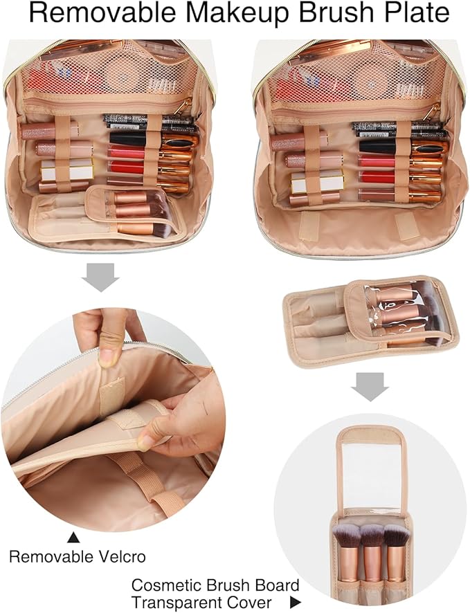 Relavel Travel Makeup Bag for Women, Large Capacity Cosmetic Bags with Separate Brushes Compartments, Waterproof Toiletry Organizer Bags with Handle for Travel Essentials - White
