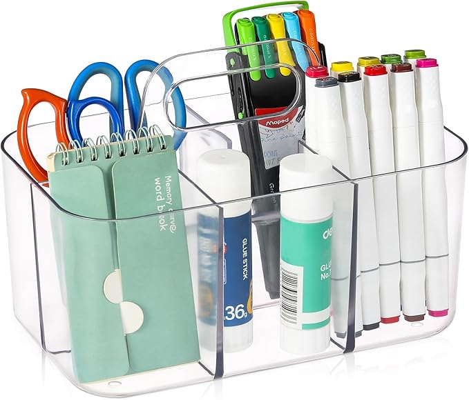 Multiuse Caddy Organizer with Handle, Portable Divided Plastic Tote Bin - Art Craft, Stationary Pen Marker Crayons, Makeup Hair Supplies Storage - Bathroom, Classroom, Dorm, Office, Desk Holder -Clear