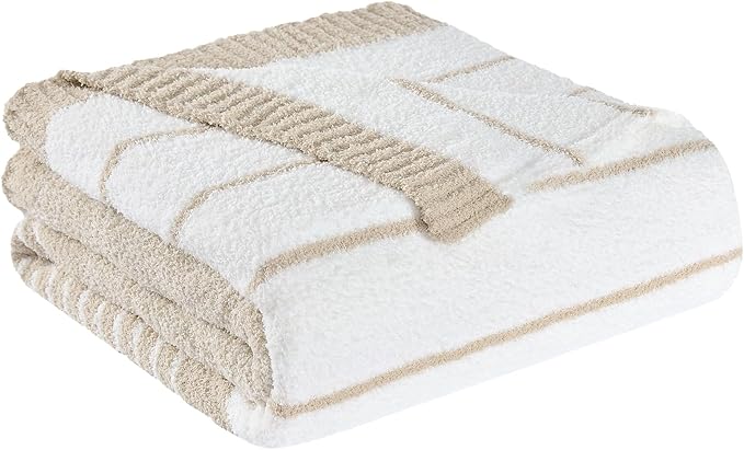 Throw Blanket, Taupe White Soft Cozy Fluffy Striped Throw Blankets for Couch, Sofa, Bed, Chair, Warm Fuzzy Plush Lightweight Decorative Stripe Blanket, 50x60 inches