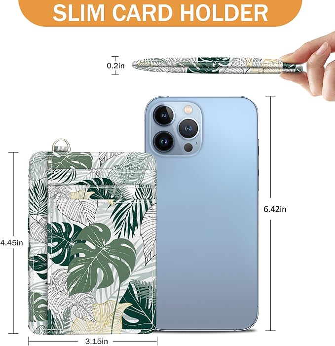 Yonlevres Credit Card Holder Slim Wallet, Tropical Leaf RFID Wallet Women Front Pocket Small Card Holder, Travel Funny Cute Thin Card Case ID Window PU Leather RFID Blocking Card Organizer Gifts Girls