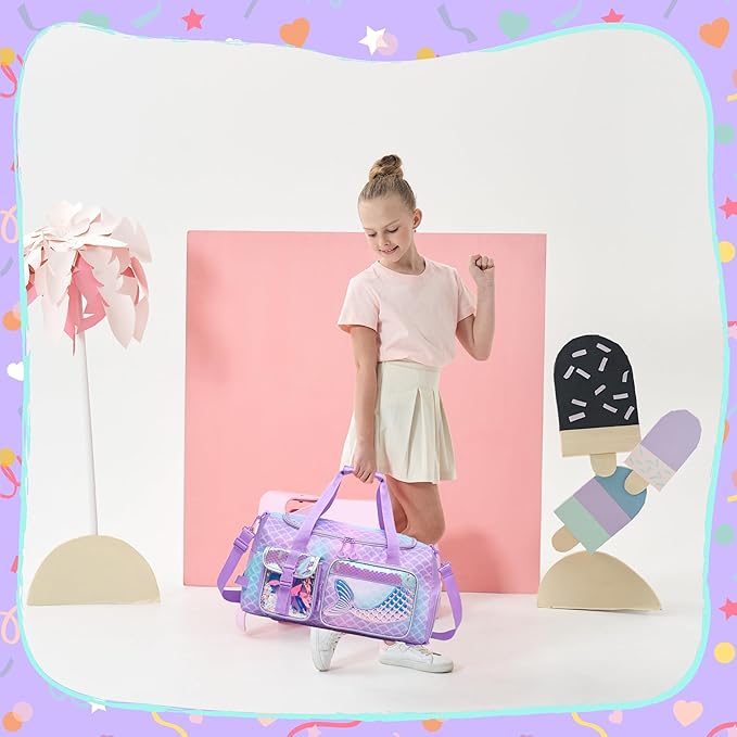 Mermaid Purple Kids Gym Bag for Girls - Duffle Bag for Travel, Dance, Weekender, Overnight - 20"x11"x8.2" with Shoe Compartment