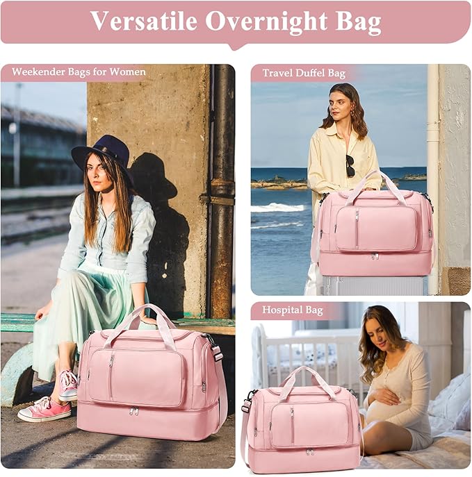 Travel Duffle Bag, Weekender Bags for Women,Overnight Weekend Carry On Personal Item Travel Bag with Shoes Compartment & Toiletry Bag,Pink