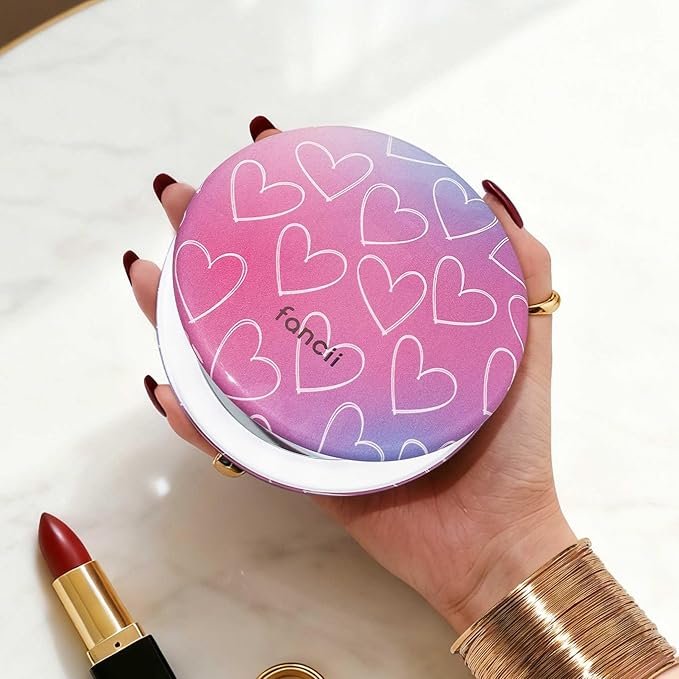 Fancii Taylor LED Lighted Travel Makeup Mirror, Rechargeable, 10x /1x Magnifying, Tru-Glow Lighting System, XL Large 5” Wide | Compact Mirror for Purses (Lovestruck)